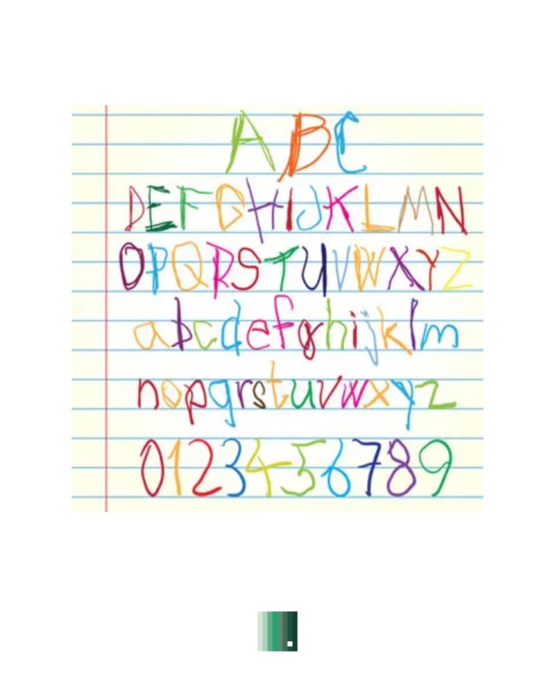 A page of ruled paper with the alphabet handwritten in colored ink