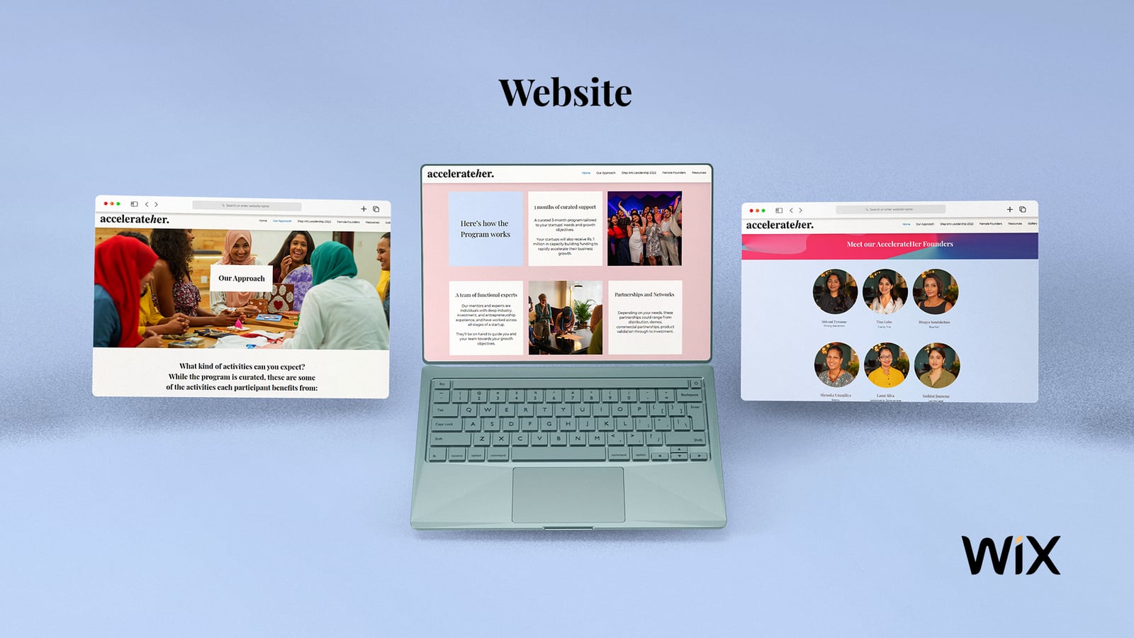 AccelerateHer website shown across three browser mockups, built on Wix