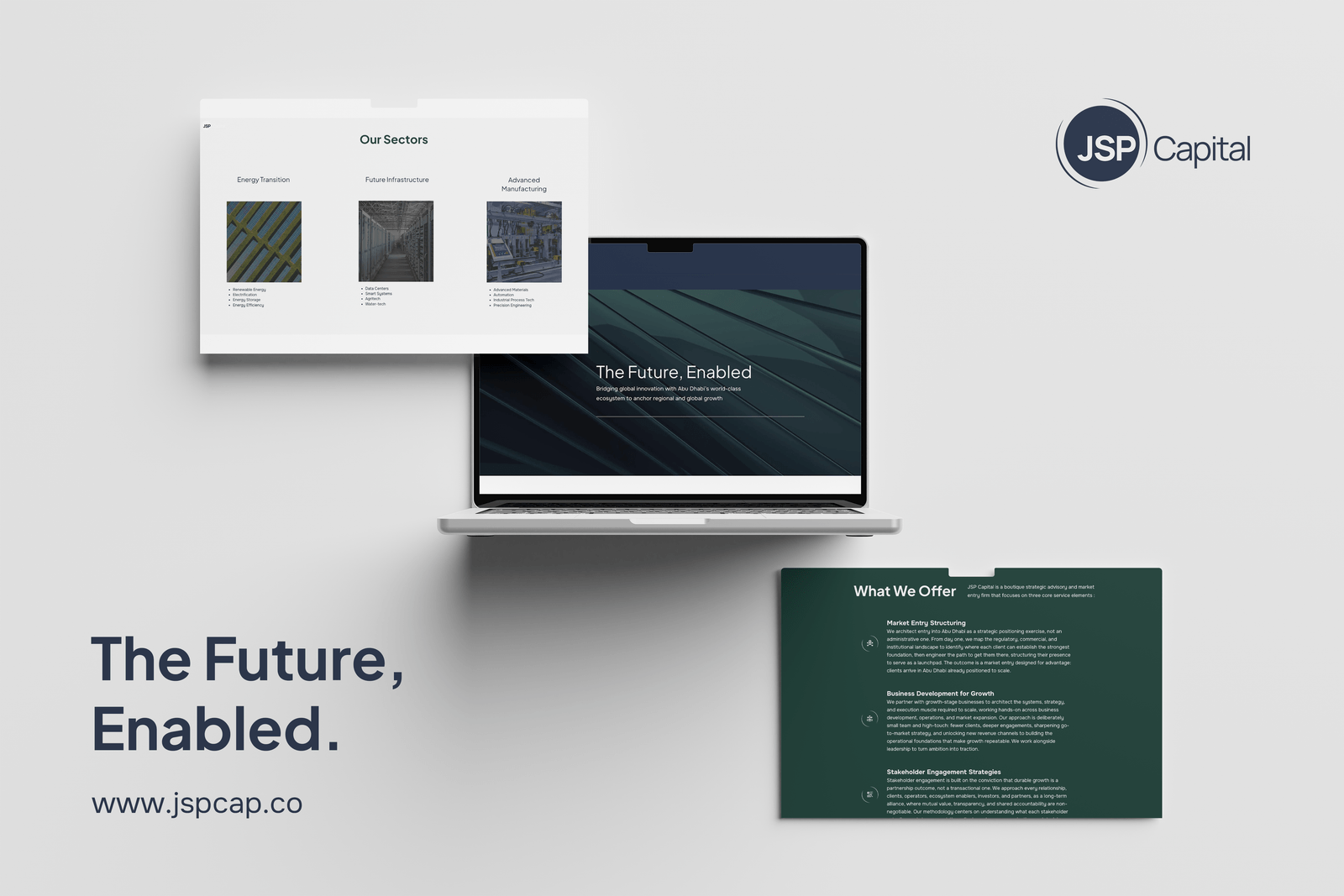 JSP Capital website, shown across desktop and slide layouts