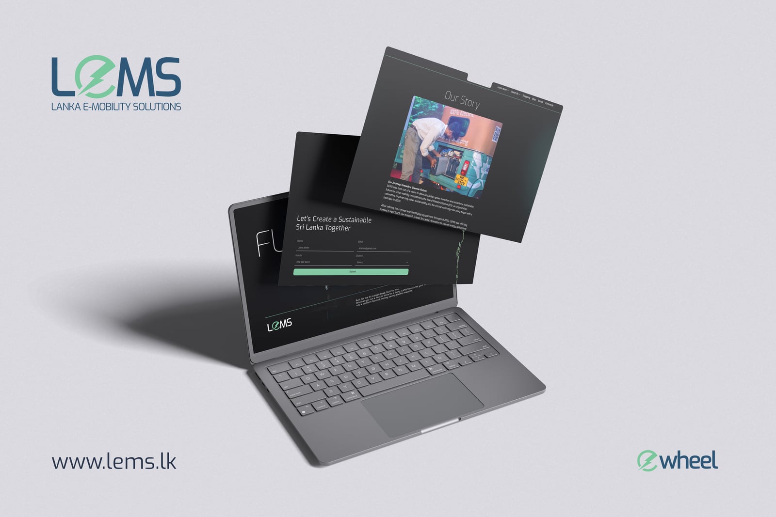 LeMS website shown across laptop and browser mockups, including the Our Story page and lead capture form