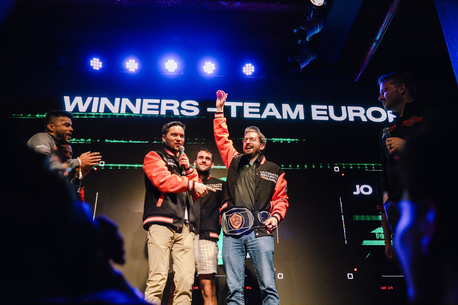 Team Europe on stage with the USG championship belt