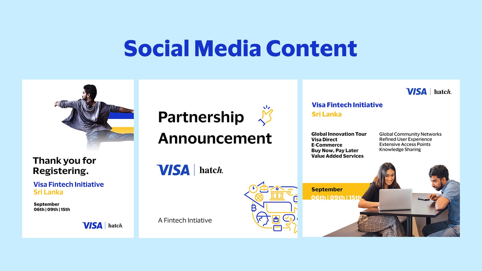 Visa Fintech Initiative social media content — launch announcement and webinar promotion